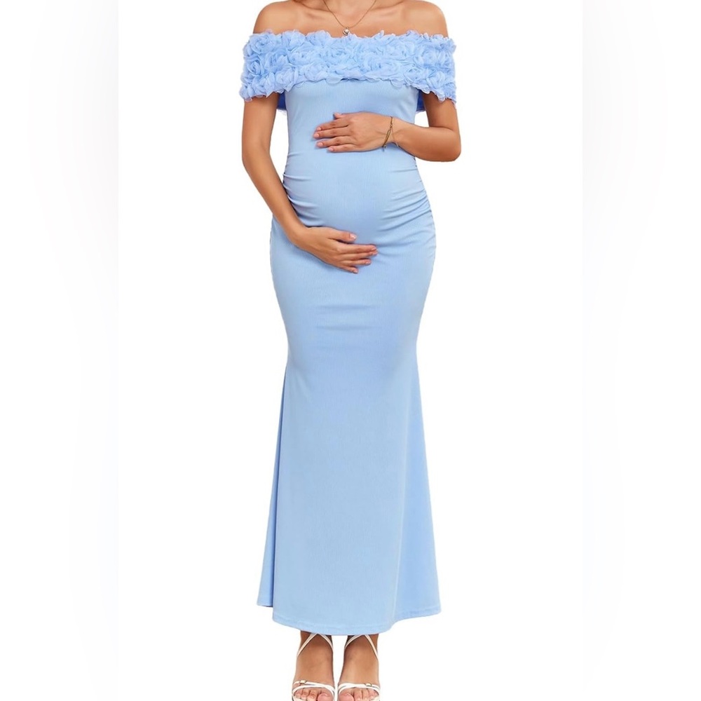 Maternity Light Blue Ribbed Maxi Dress